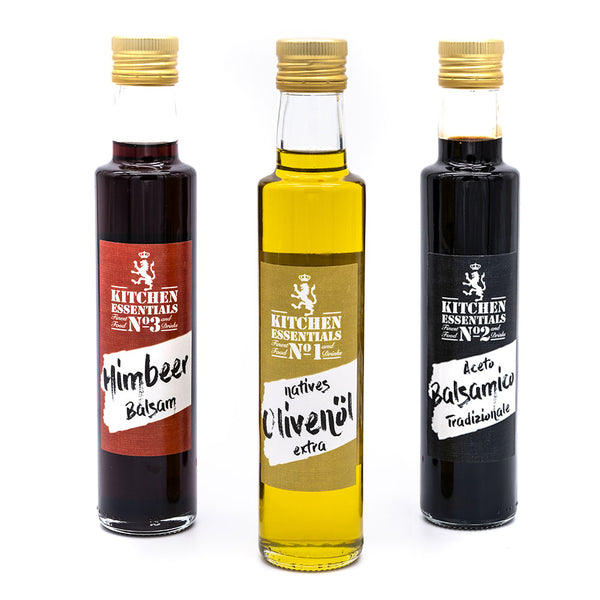 No1, No2 & No3 KITCHEN ESSENTIALS - Natives Olivenöl, Aceto Balsamico & Himbeer Balsam